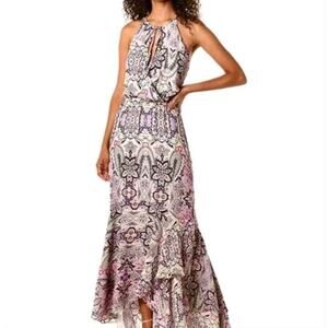 PARKER Francesca Tiered Maxi Dress Pink Black Floral Paisley Halter Sleeveless L